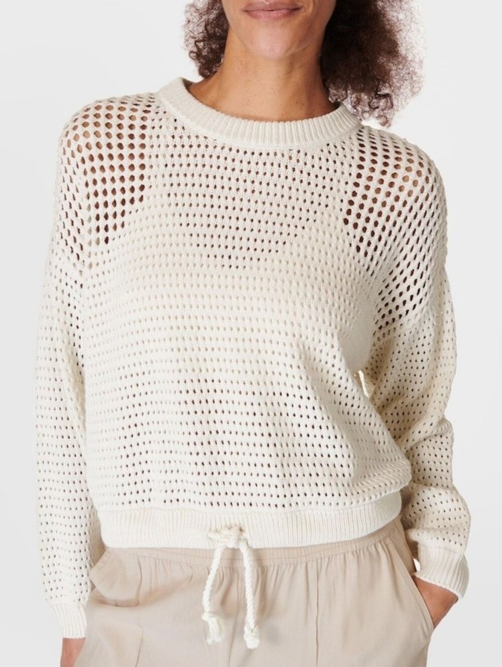 Sweaty Betty Lily White Tides High Open Weave Cotton Sweater SM
